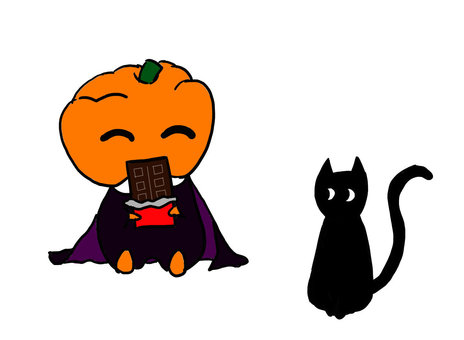 Illustration, pumpkin, halloween, black cat, 