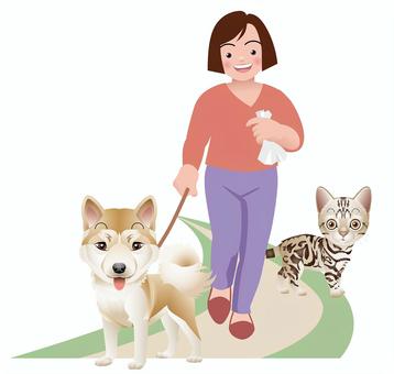 飼い主と散歩をする秋田犬 生き物,動物,犬,秋田犬,散歩,人物,飼い主,女性,猫,子猫のイラスト素材