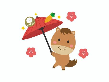 馬の傘回し3 馬,午年,傘回し,人参,傘,干支,だるま,動物,野菜,梅のイラスト素材