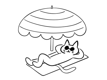 Cat relaxing on the beach (monochrome), JPG, PNG and AI Cat relaxing on the beach (monochrome), cat, beach umbrella, picnic sheet, JPG, PNG and AI