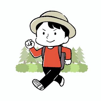 自然の中でハイキングをしている人物 ハイキング,歩く,散歩,運動,遠足,行事,行楽,ウォーキング,トレッキング,山歩きのイラスト素材