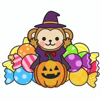 ハロウィングッズで楽しそうなサル ハロウィン,コスプレ,マント,帽子,ジャックオランタン,橙,オレンジ,10月,行事,季節のイラスト素材