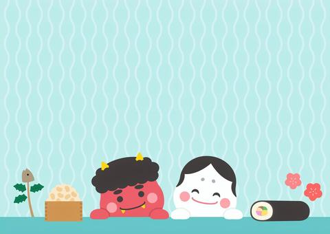 節分の鬼と豆とお多福と恵方巻02 節分,背景,フレーム,鬼,豆,恵方巻,節分豆,2月,冬,手描きのイラスト素材