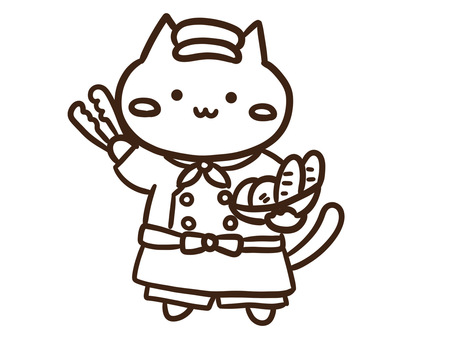 焼き立てパンを持つパン屋の猫(白黒) 猫,パン屋,ベーカリー,焼き立て,パン,かわいい,スタッフ,飲食店,従業員,白黒のイラスト素材