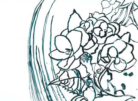 花柄の皿 花,皿,食器,線画,モノクロ,植物,挿絵,白黒のイラスト素材