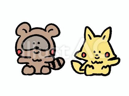 おすわりするタヌキとキツネのイラスト