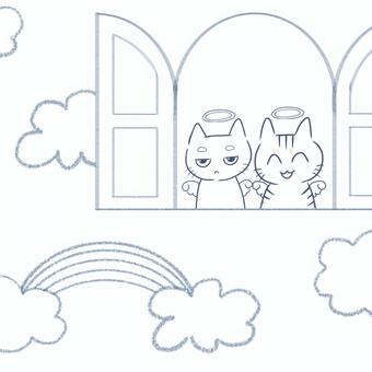 お空の窓から見守る猫 猫,かわいい,ペットロス,手描き,挿絵,ワンポイント,デフォルメ,ゆるい,笑顔,三白眼のイラスト素材