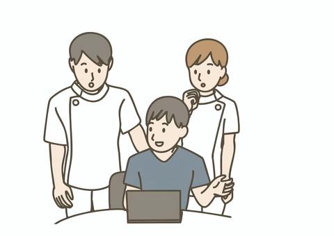 パソコンを見て議論する医療スタッフ カンファレンス,医療,会議,相談,議論,診察,検討,チーム,医師,看護師のイラスト素材