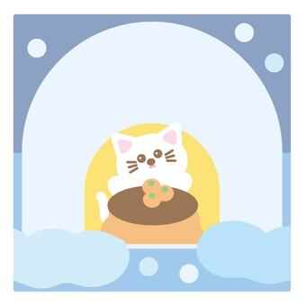 夜のかまくら（ねこ） かまくら,雪,冬,正面,全身,水色,白色,黄色,茶色,笑顔のイラスト素材