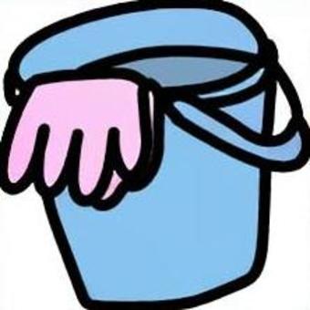 ゴム手袋のかかった青いバケツのイラスト バケツ,ゴム手袋,ブルー,大掃除,手描き,掃除用具,シート,掃除,清掃,ピンクのイラスト素材