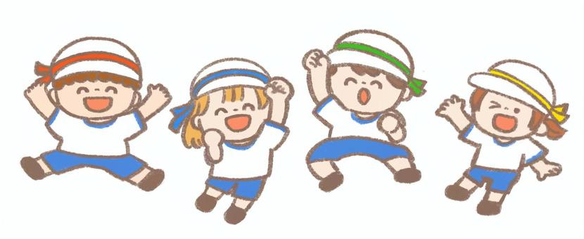 運動会で楽しくジャンプする子どもたち 運動会,子ども,ジャンプ,応援,声援,楽しい,体育,運動,かわいい,手書き風のイラスト素材