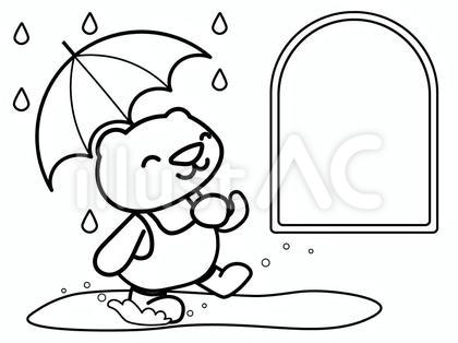 楽しいぬりえ梅雨_クマの子と窓フレーム