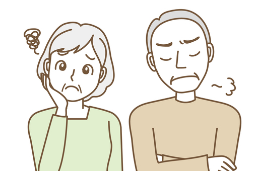 人物イラスト214 人物,男女,男性,女性,夫婦,60代,70代,シニア,悩む,困るのイラスト素材