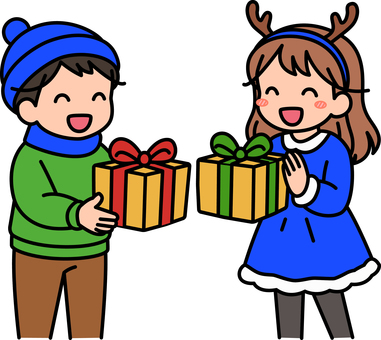プレゼントを貰う青の子供たちです。 プレゼント,シンプル,ギフト,喜ぶ,受け取り,サプライズ,笑顔,贈り物,手渡し,お祝いのイラスト素材