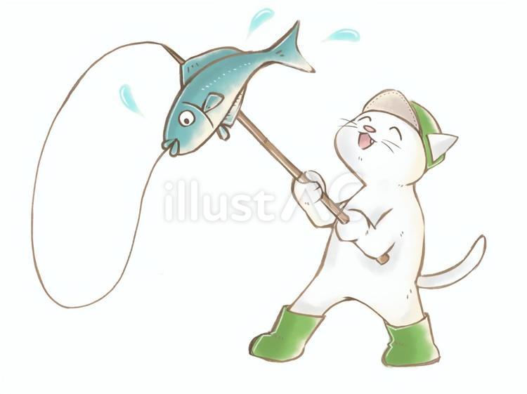 魚を釣り上げた猫 猫,魚釣り,魚のイラスト素材