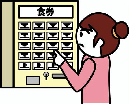 食券悩む　 食券,販売機,悩む,飲食店,選ぶ,ボタン,デフォルメ,女性のイラスト素材