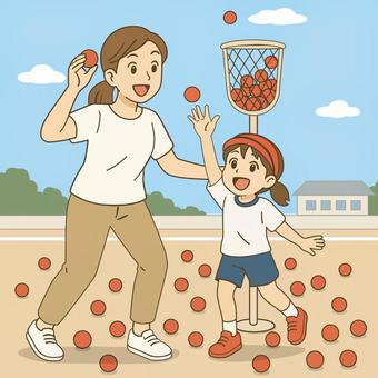 運動会の玉入れ競争をする母と娘 背景あり 玉入れ,運動会,赤組,母,娘,親子,はちまき,体操服,tシャツ,チノパンのイラスト素材