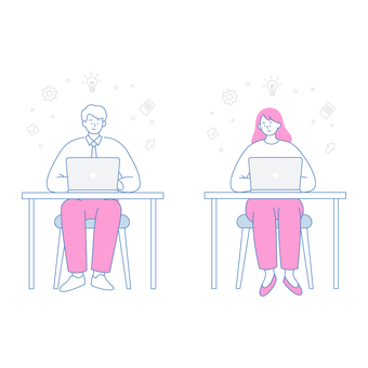 デスクでパソコン作業をするビジネス男女 人物,男女,仕事,ビジネス,オフィス,デスク,パソコン,作業,社会人,会社員のイラスト素材