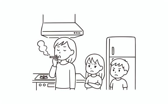 換気扇の下でタバコを吸うママと子供たち