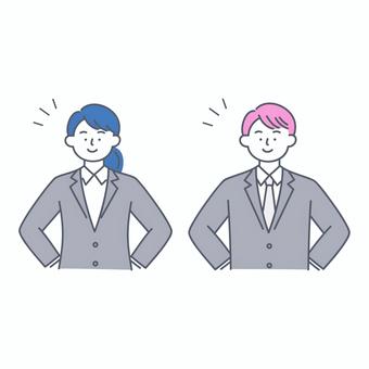 自信を持って胸を張るビジネス男女 人物,ビジネス,就活,男性,女性,スーツ,自信,笑顔,姿勢,社員のイラスト素材