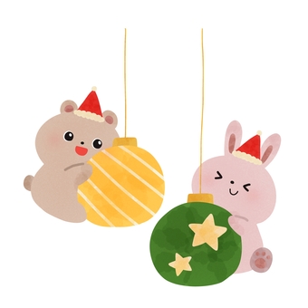 クリスマスオーナメントとくまうさ クリスマス,オーナメント,くま,うさぎ,サンタ,帽子,動物,絵本,可愛い,ゆるいのイラスト素材