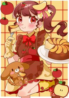 りんごケーキを食べる女の子 女の子,りんご,ケーキ,秋,ポニーテール,犬,食べるのイラスト素材