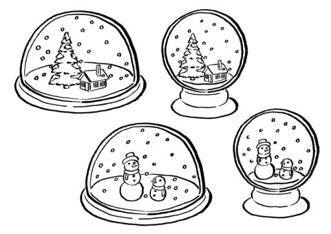スノードーム4種　墨筆 スノードーム,家,木,積雪,煙突,冬,スノーマン,雪だるま,マフラー,帽子のイラスト素材