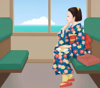 鈍行電車で遠出の着物の女性 電車,着物,女性,ローカル,座席,座る,窓,眺める,海,景色のイラスト素材