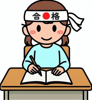 水色の女の子の受験生です。 子供,受験生,シンプル,勉強,机,ノート,問題集,小学生,緊張,鉢巻のイラスト素材