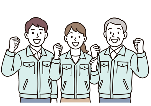 作業服の社員チームのガッツポーズカラー 作業服,ブルゾン,作業着,パステルカラー,制服,社員,スタッフ,チーム,シニア,若者のイラスト素材