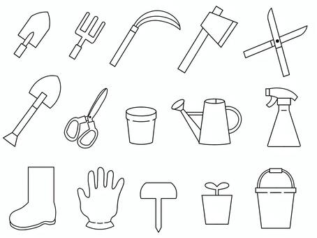 ガーデニング道具　絵文字 園芸,道具,スコップ,かま,斧,ハサミ,長靴,手袋,ジョウロ,バケツのイラスト素材