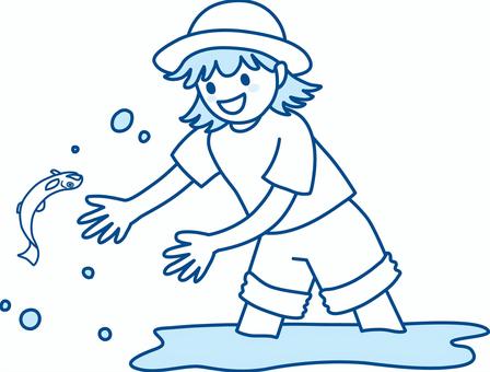 魚つかみをする女の子 魚つかみ,川遊び,子ども,夏,夏休み,魚のつかみ取り,女の子,シンプルのイラスト素材