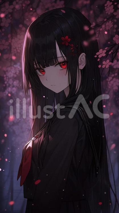 夜桜と赤い瞳の少女イラスト - No: 24987701｜無料イラスト