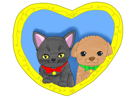 犬と猫 犬,猫,ハート,額縁,鈴,リボンのイラスト素材