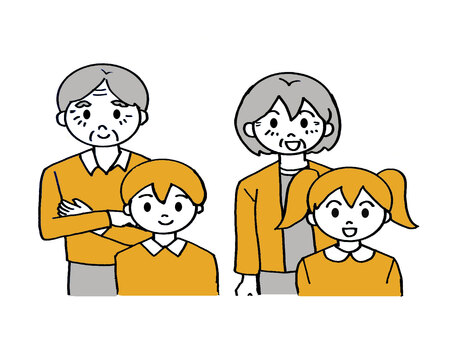 敬老の日（老夫婦と孫）２ 秋,敬老の日,孫,高齢者,老夫婦,単色,黄色,男女,子供,四人のイラスト素材