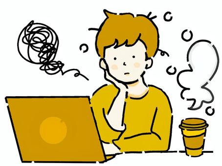 ぼんやりとパソコンを見つめる男性‐茶色④ ぼんやり,休憩,ひと休み,一息,ひと息,コーヒー休憩,コーヒー,コーヒーブレイク,ぐるぐる思考,ぐるぐるのイラスト素材