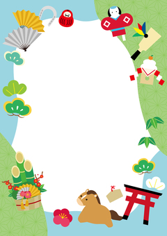 2026年和モダン賑やか年賀フレーム1 午年,年賀,馬,正月,2026年,フレーム,和モダン,年賀状素材,背景素材,枠のイラスト素材