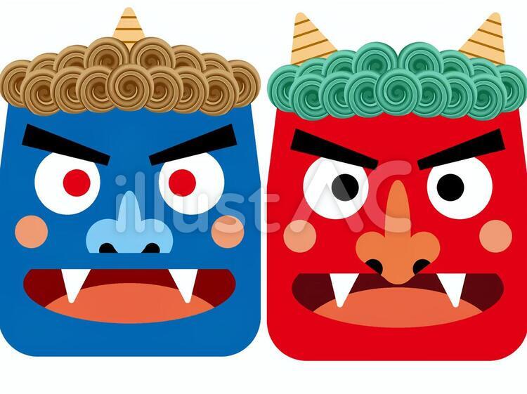 鬼の小さいお面 青鬼,赤鬼,お面のイラスト素材