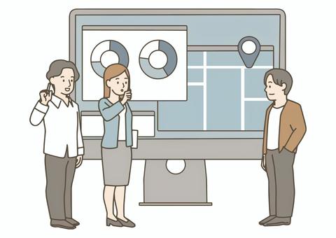 モニターを使って議論するビジネスパーソン ビジネス,会議,打ち合わせ,ディスカッション,プレゼンテーション,モニター,パソコン,データ分析,グラフ,チャートのイラスト素材