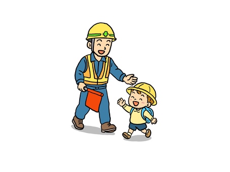 建設業　交通誘導員と子供 建設業,交通誘導員,子供,赤旗,通学路,漫画風タッチのイラスト素材