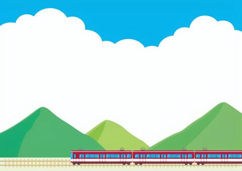赤い電車が山の中を走る旅行の背景 電車,背景,旅行,横,横向き,壁紙,フレーム,枠,山,青空のイラスト素材