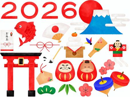 2026年 お正月のセット 2026年,2026,午,馬,午年,年賀状,新年,令和8年,干支,十二支のイラスト素材