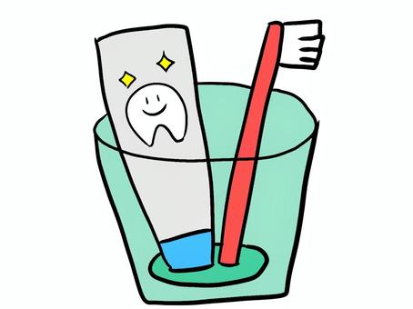 歯磨きセット 歯磨きセット,歯ブラシ,コップ,歯磨き粉,手描きのイラスト素材