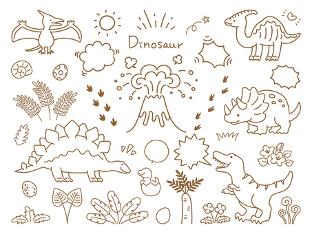 Illustration, dinozor, konuşma balonu, volkan, 