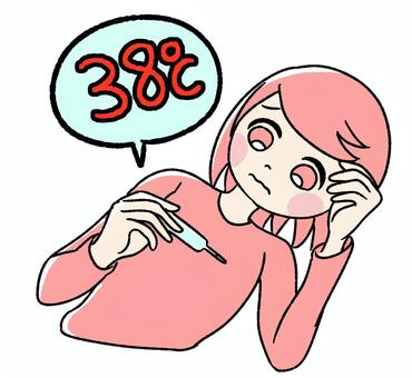 桃色の女の子が38℃の熱出てる ピンク,かわいい,手描き,38℃,発熱,38度,高熱,体温計,熱がある,風邪のイラスト素材
