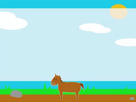 ウマのフレーム ウマ,生き物,フレーム,ゆるい,雑草,植物,石,青空,太陽のイラスト素材