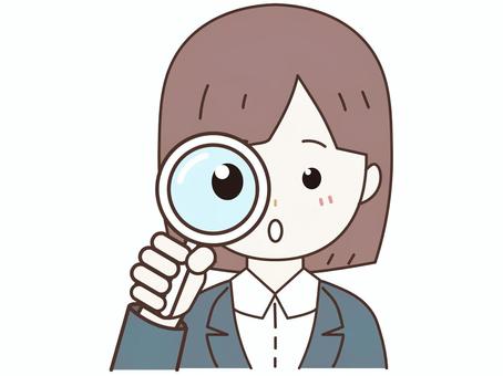 Illustration of a woman using a magnifying glass, , JPG, PNG and AI