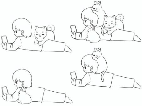 もふもふ達と（線画・女性ver）