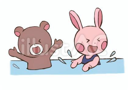 水遊びをするクマとウサギ