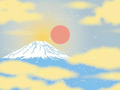 水色富士山と雲の背景 日の出,初日の出,輝き,朝明け,富士山,山,朝日,正月,年賀状,年賀のイラスト素材